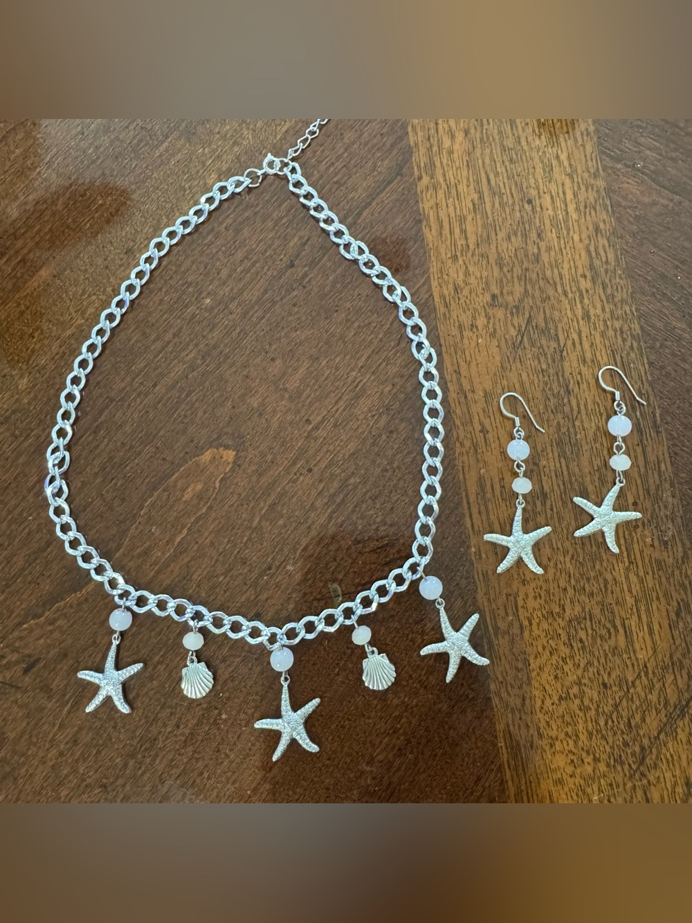 Silver Starfish & Shell Charm Necklace  and earrings.